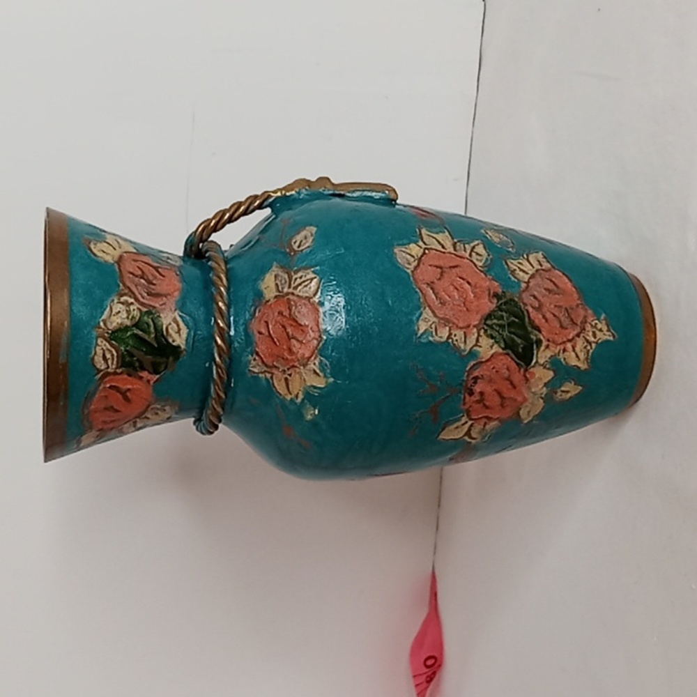 MCM Vintage Hand Painted Floral Brass Vase